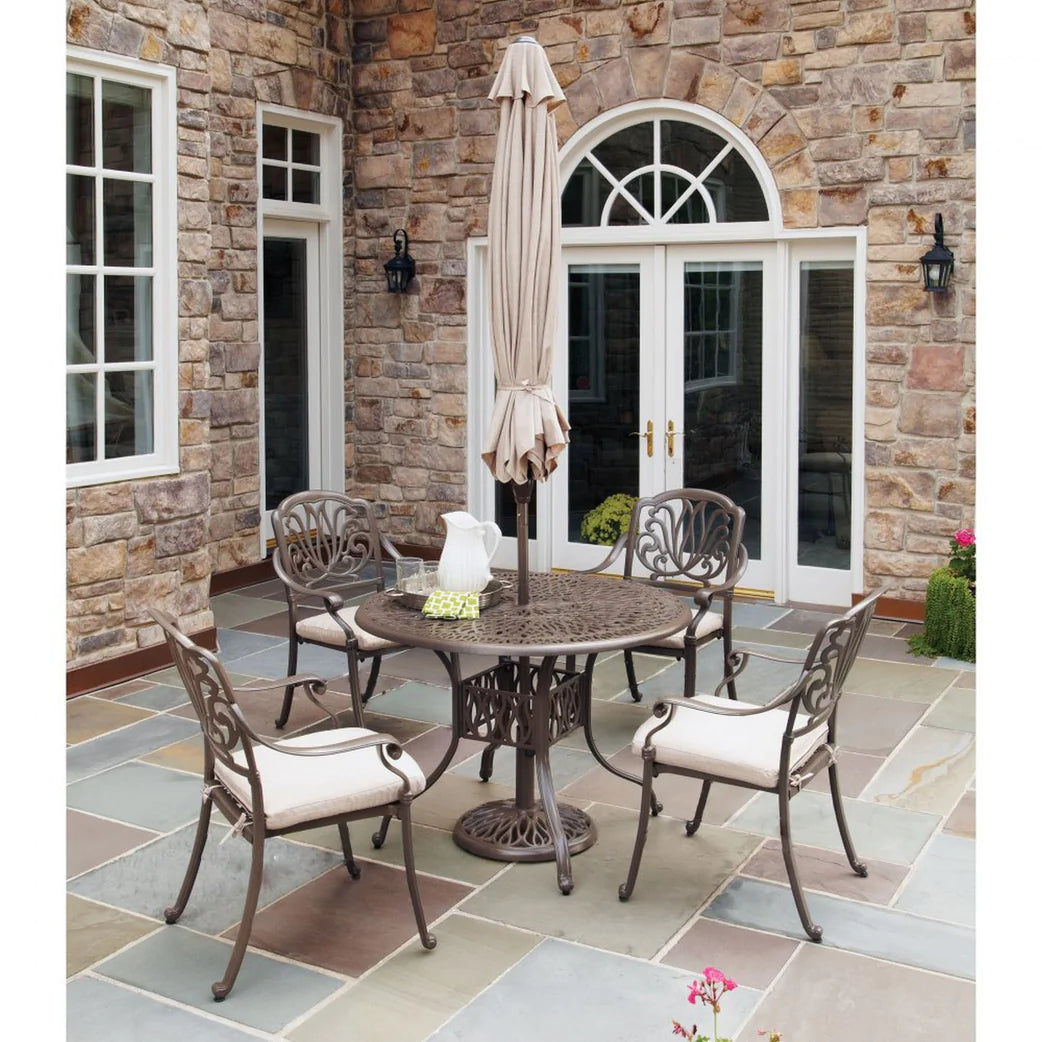 Capri Taupe 6 Piece Outdoor Dining Set with Umbrella and Arm Chairs - 42W Table