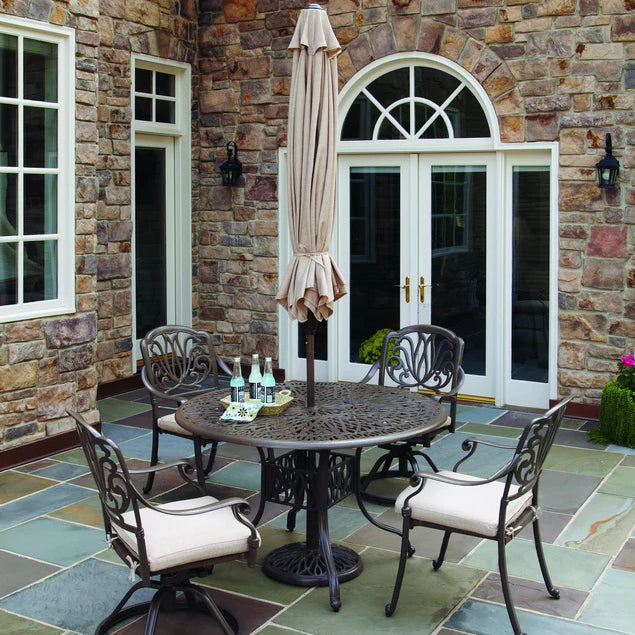 Capri Taupe 6 Piece Outdoor Dining Set with Umbrella and Arm and Swivel Chairs