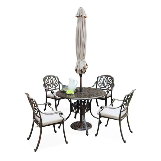 Capri Taupe 6 Piece Outdoor Dining Set with Umbrella and Arm Chairs