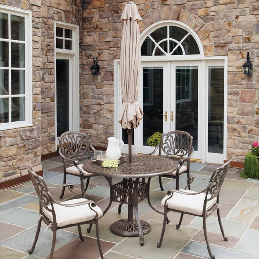 Capri Taupe 6 Piece Outdoor Dining Set with Umbrella and Arm Chairs