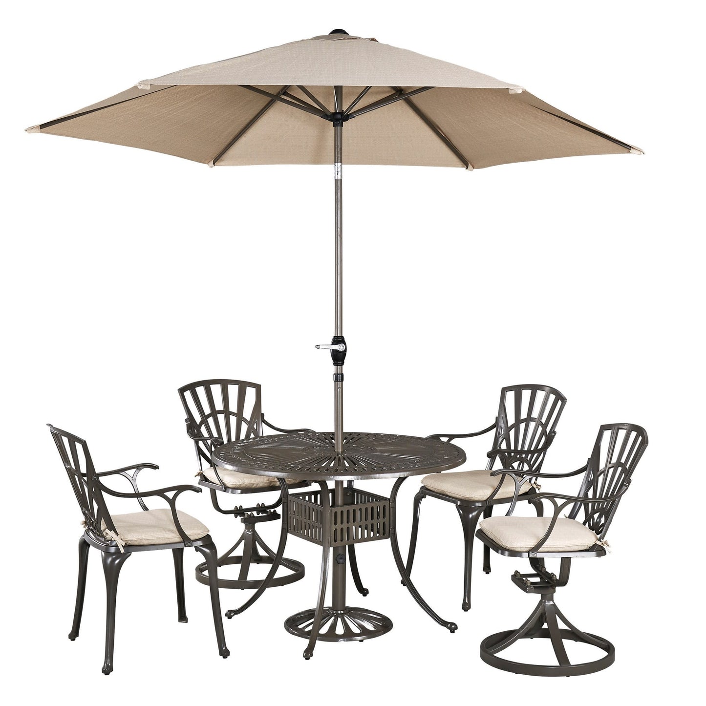 Grenada Khaki Gray 6 Pc Outdoor Dining Set with Umbrella and Cushions - 42W Table