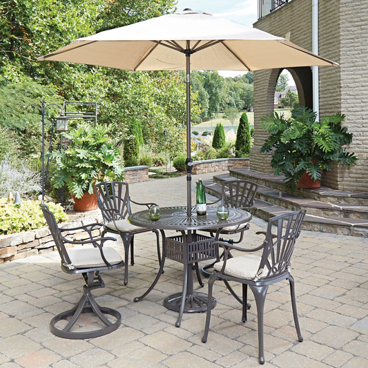 Grenada Khaki Gray 6 Pc Outdoor Dining Set with Umbrella and Cushions - 42W Table