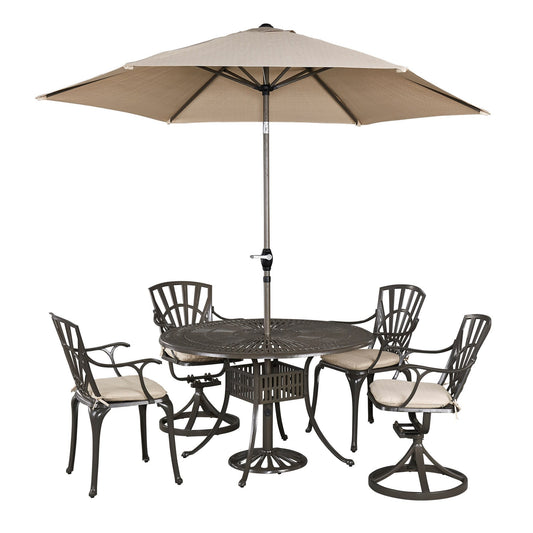 Grenada Khaki Gray 6 Pc Outdoor Dining Set with Umbrella and Cushions - 48W Table