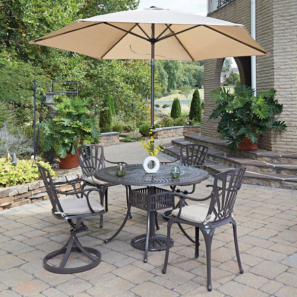 Grenada Khaki Gray 6 Pc Outdoor Dining Set with Umbrella and Cushions - 48W Table