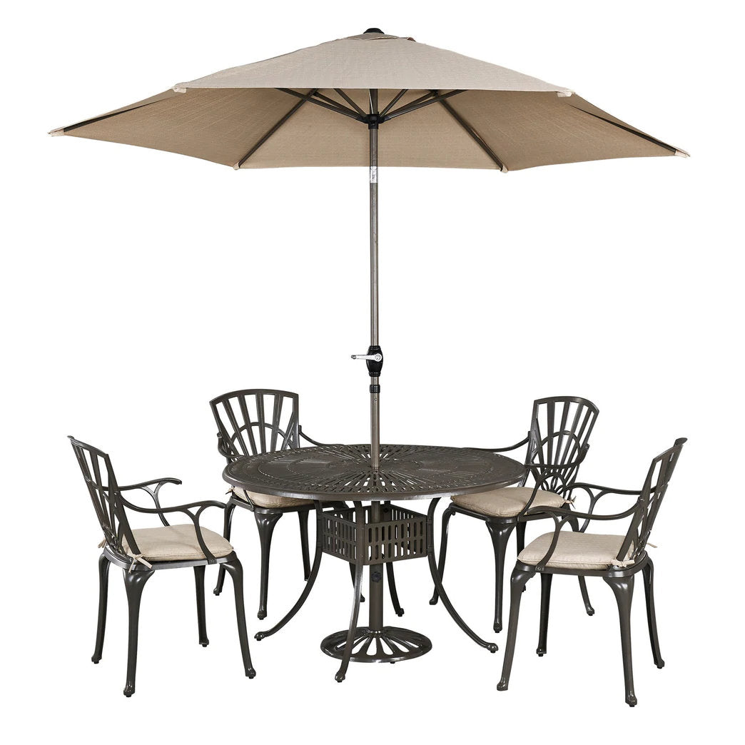 Grenada Khaki Gray 6 Pc Outdoor Dining Set with Umbrella and arm chairs - 48W Table