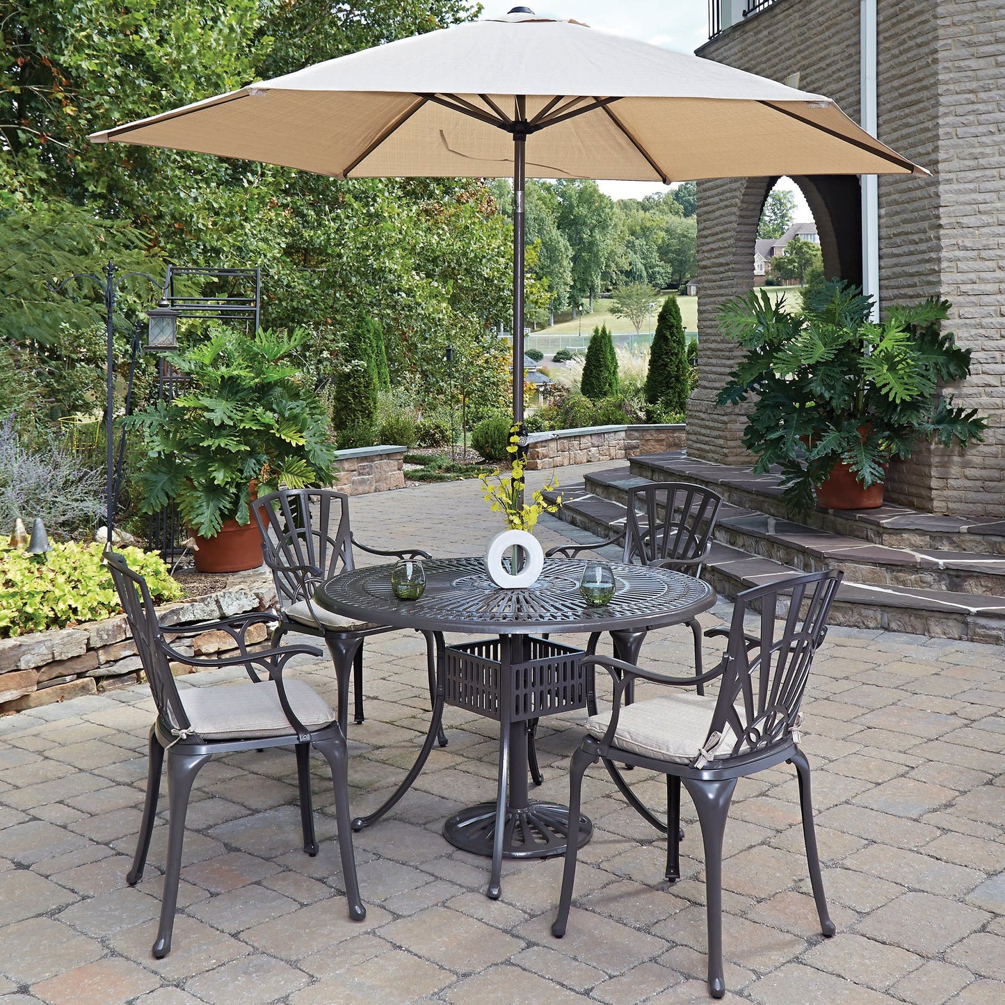 Grenada Khaki Gray 6 Pc Outdoor Dining Set with Umbrella and arm chairs - 48W Table