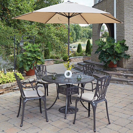 Grenada Khaki Gray 6 Pc Outdoor Dining Set with Umbrella and arm chairs - 48W Table