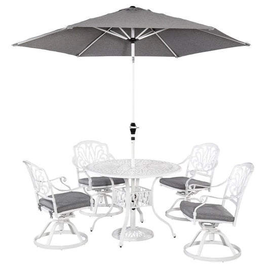 Capri White 6 Piece Outdoor Dining Set with Umbrella and Swivel Chairs