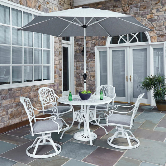 Capri White 6 Piece Outdoor Dining Set with Umbrella and Swivel Chairs - 48W Table