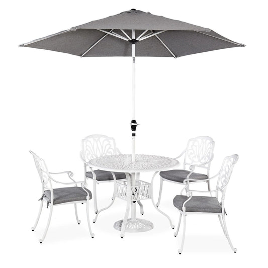 Capri White 6 Piece Outdoor Dining Set with Umbrella and Cushions - 42W Table