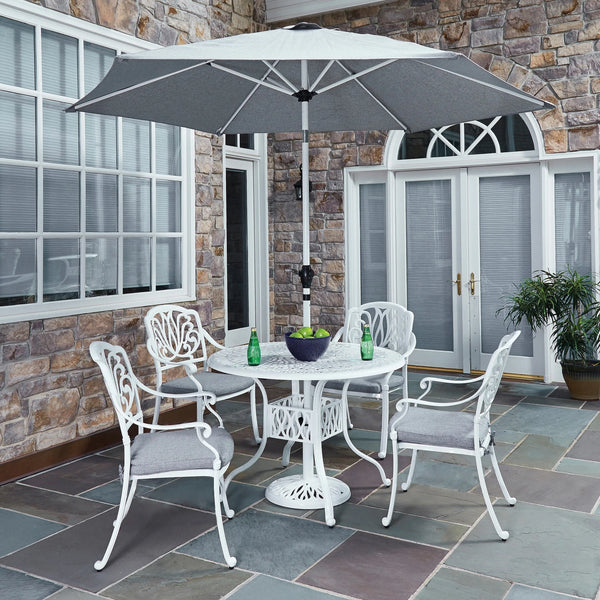 Capri White 6 Piece Outdoor Dining Set with Umbrella and Cushions - 42W Table