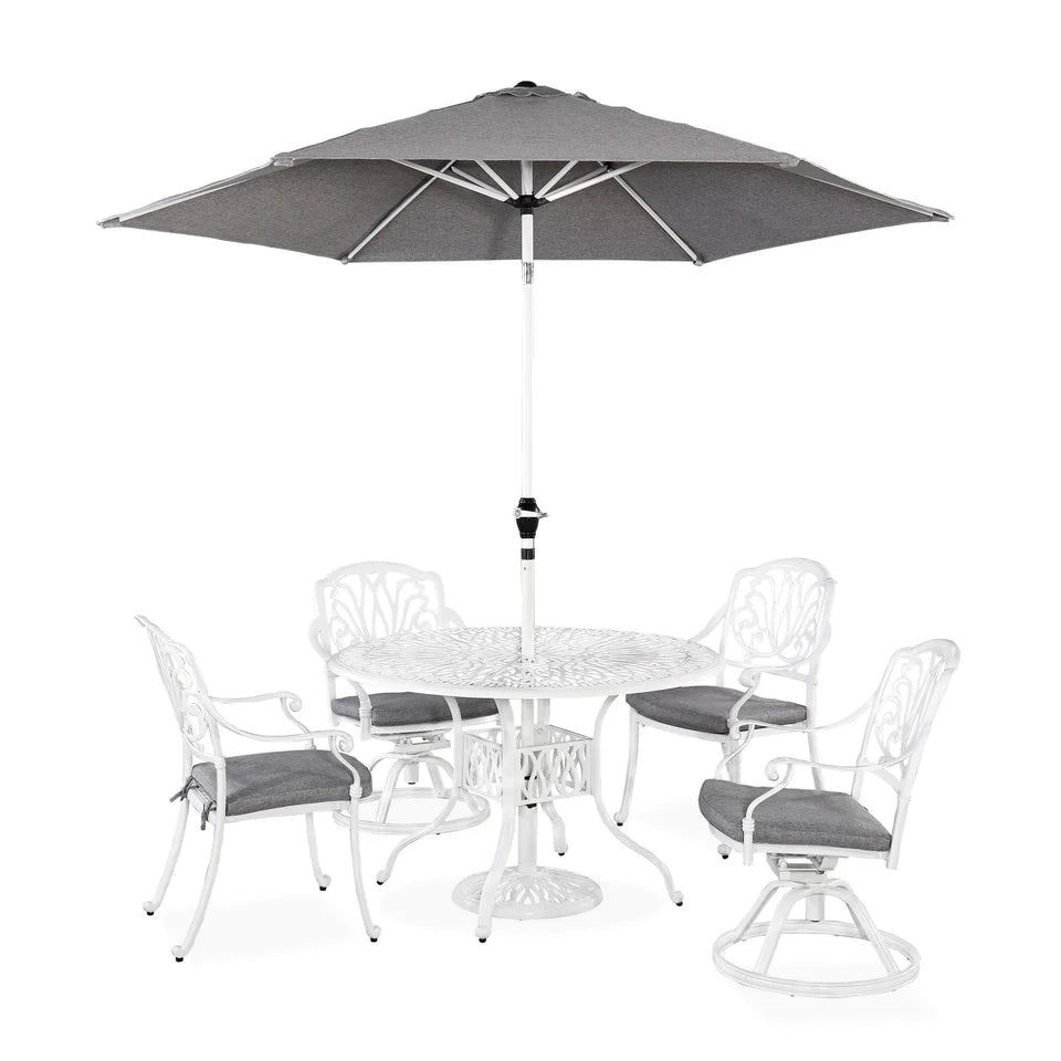 Capri White 6 Piece Outdoor Dining Set with Umbrella - 2 Swivel and 2 Arm Chairs