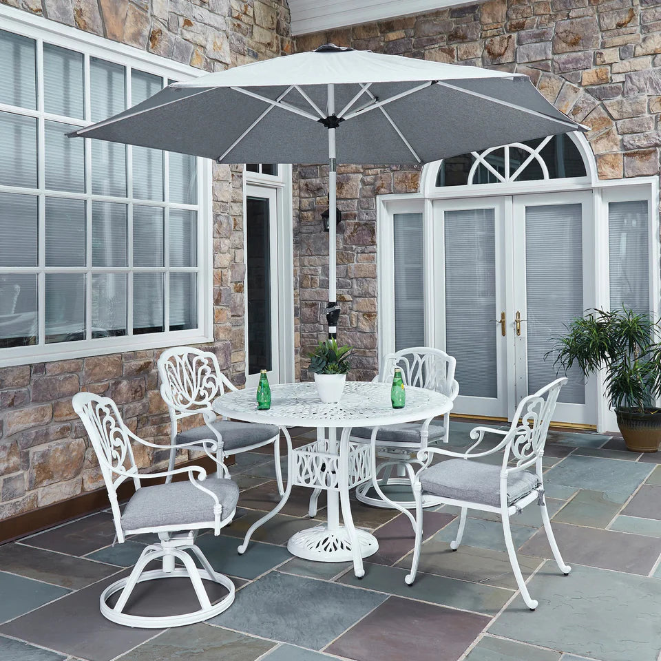 Capri White 6 Piece Outdoor Dining Set with Umbrella - 2 Swivel and 2 Arm Chairs