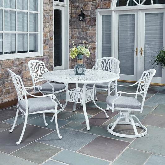 Capri White 5 Piece Outdoor Dining Set with Swivel and Arm Chairs - 48W Table