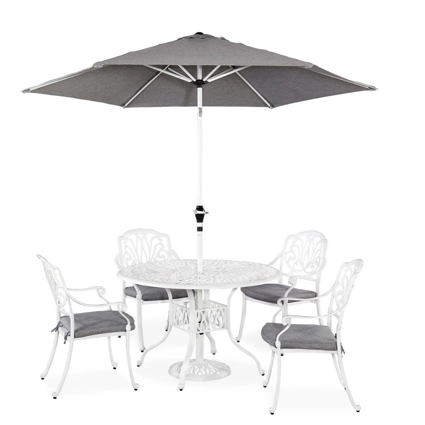 Capri White 6 Piece Outdoor Dining Set with Umbrella and Arm Chairs