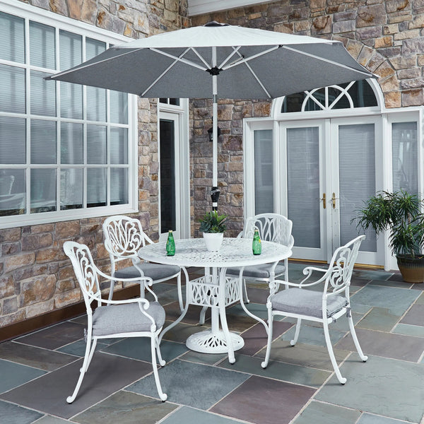 Capri White 6 Piece Outdoor Dining Set with Umbrella and Arm Chairs