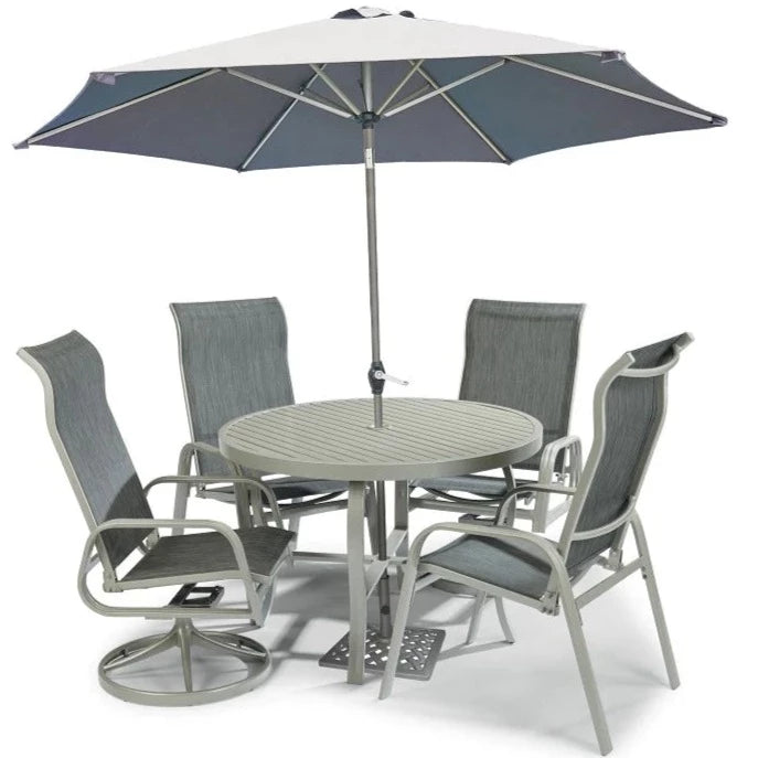 Captiva Gray 6 Piece Outdoor Dining Set with Umbrella Swivel and Arm Chairs - 42W Table