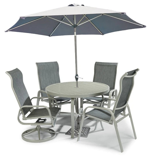 Captiva Gray 6 Piece Outdoor Dining Set with Umbrella Swivel and Arm Chairs - 48W Table