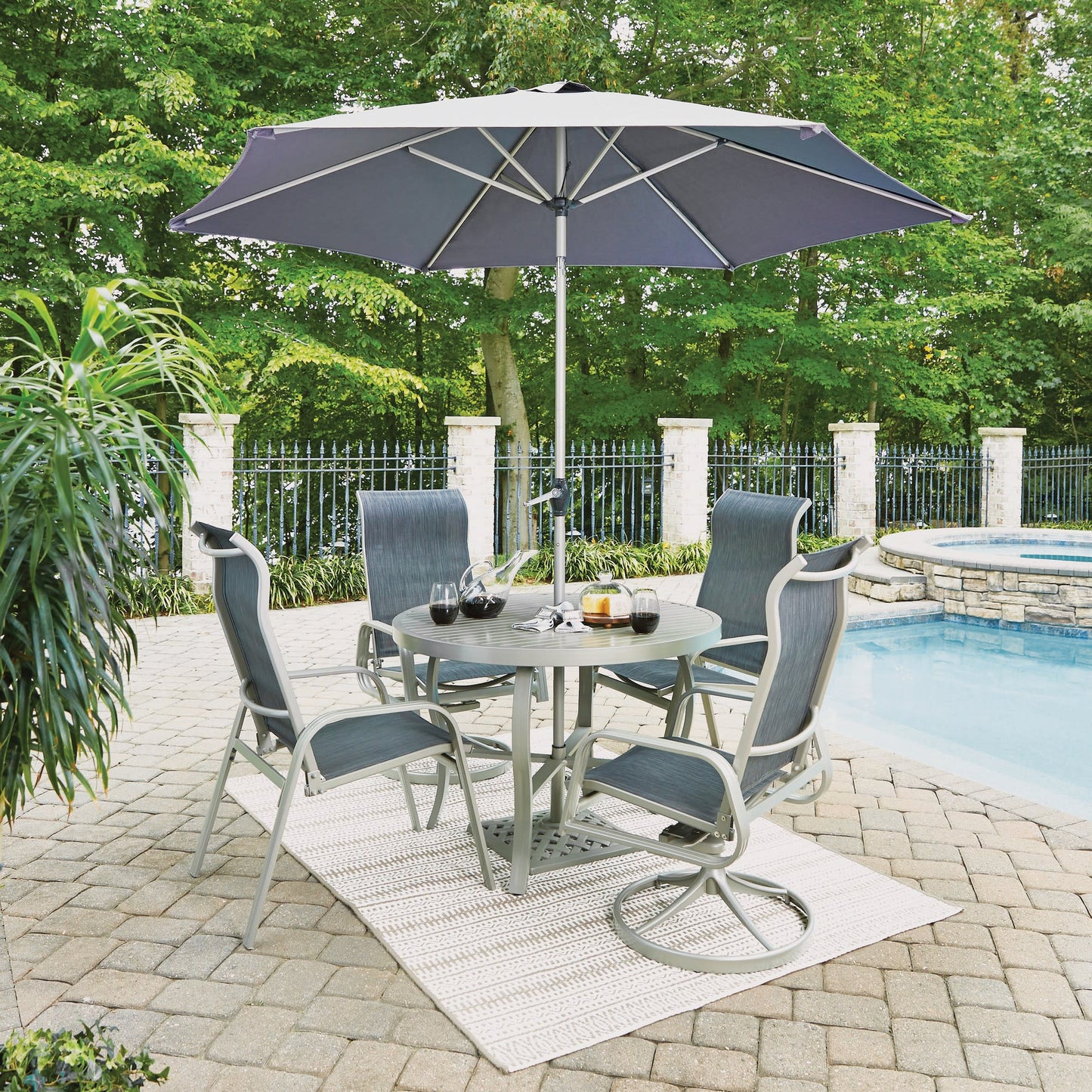 Captiva Gray 6 Piece Outdoor Dining Set with Umbrella Swivel and Arm Chairs - 42W Table