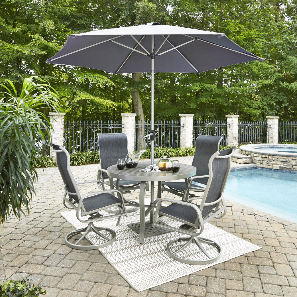 Captiva Gray 6 Piece Outdoor Dining Set with Umbrella and Swivel - 42W Table