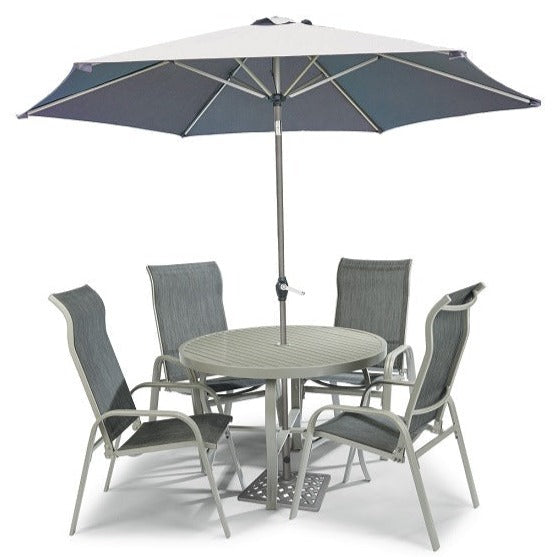 Captiva Gray 6 Piece Outdoor Dining Set with Umbrella and Arm Chairs - 42W Table