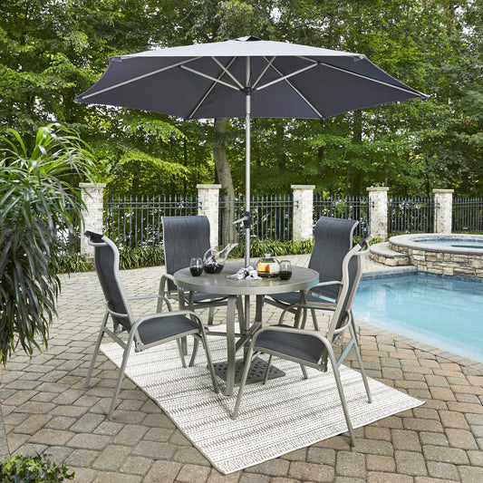 Captiva Gray 6 Piece Outdoor Dining Set with Umbrella and Arm Chairs - 42W Table