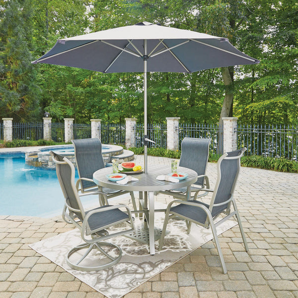 Captiva Gray 6 Piece Outdoor Dining Set with Umbrella Swivel and Arm Chairs - 48W Table