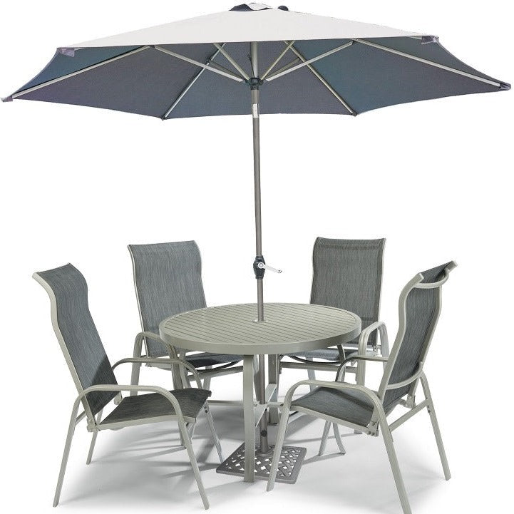 Captiva Gray 6 Piece Outdoor Dining Set with Umbrella and Arm Chairs - 48W Table