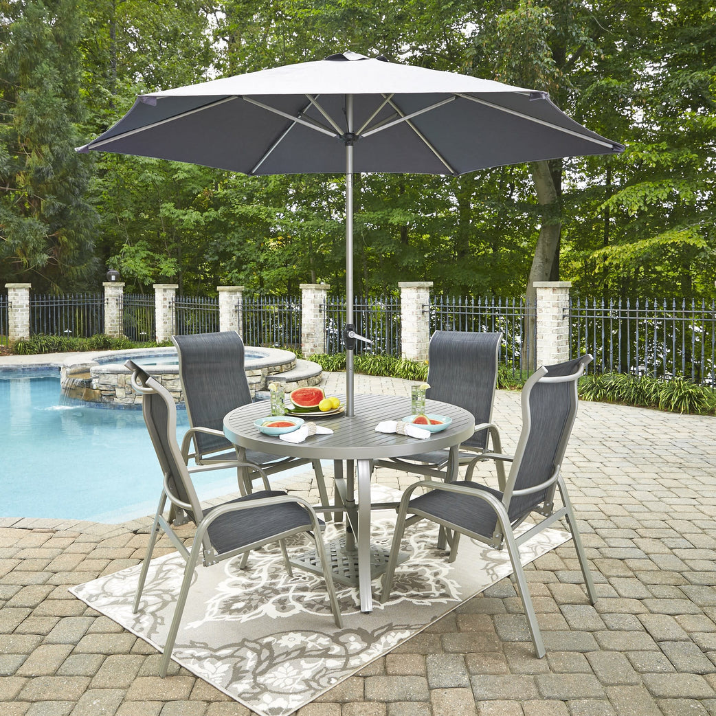 Captiva Gray 6 Piece Outdoor Dining Set with Umbrella and Arm Chairs - 48W Table