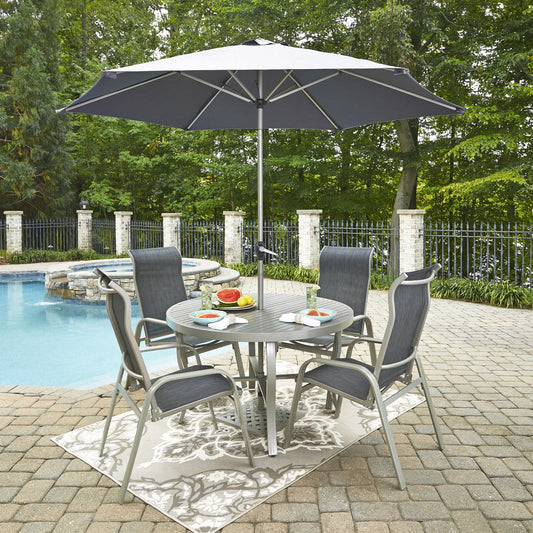 Captiva Gray 6 Piece Outdoor Dining Set with Umbrella and Arm Chairs - 48W Table