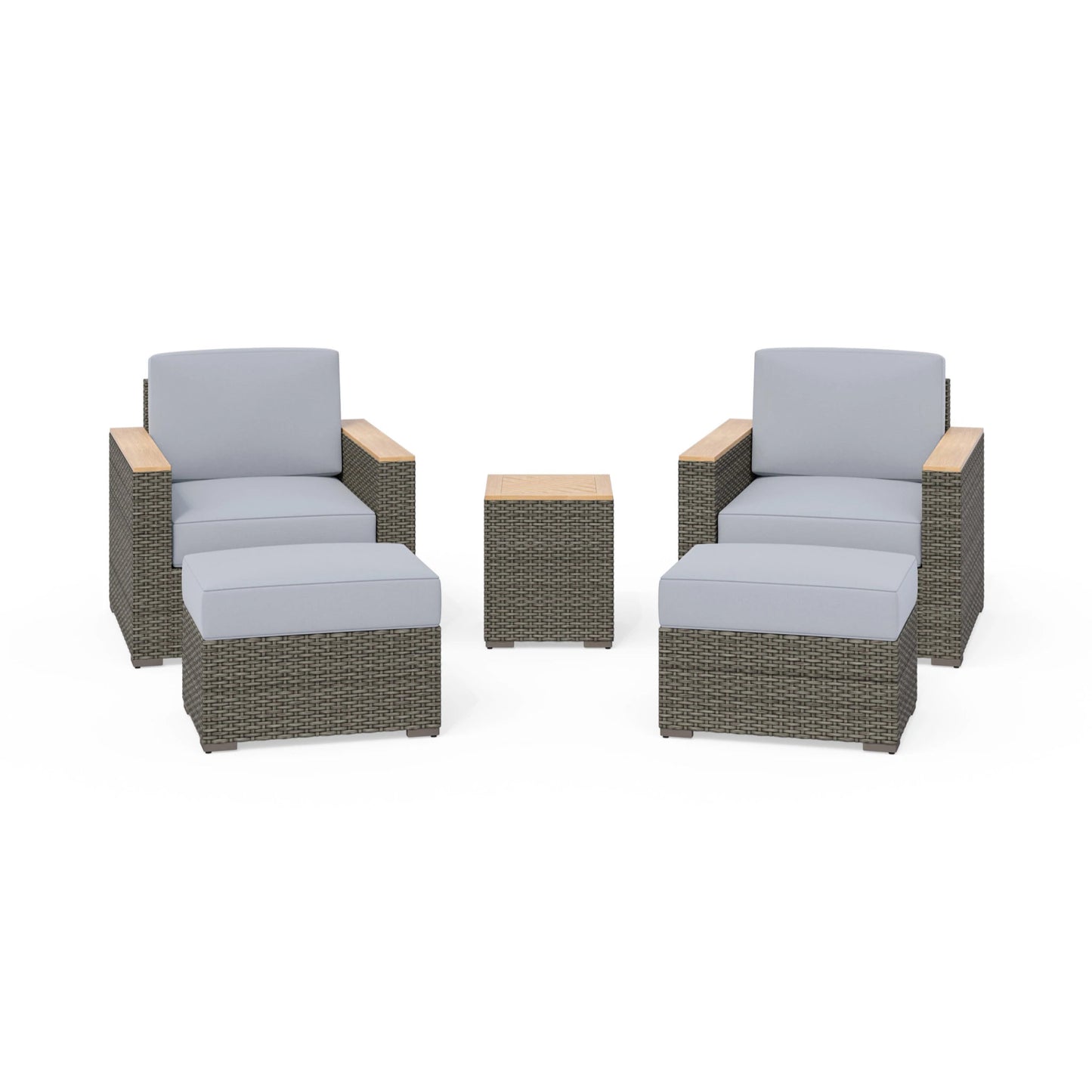 Boca Raton Brown Outdoor Side Table, Arm Chair Pair and Two Ottomans - Gray Cushion