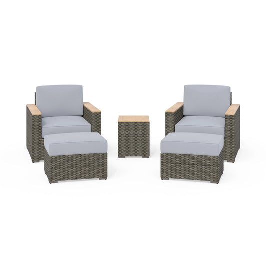 Boca Raton Brown Outdoor Side Table, Arm Chair Pair and Two Ottomans - Gray Cushion