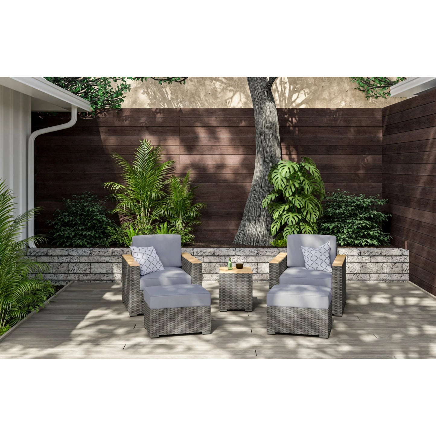 Boca Raton Brown Outdoor Side Table, Arm Chair Pair and Two Ottomans - Gray Cushion