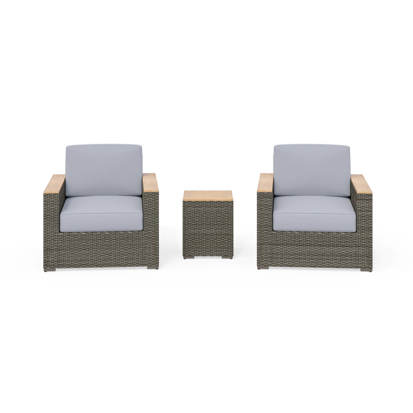 Boca Raton Brown Outdoor Arm Chair Pair and Side Table - Gray Cushion