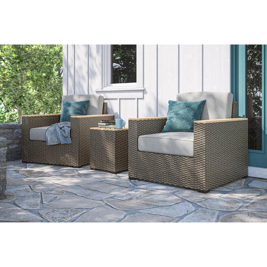 Boca Raton Brown Outdoor Arm Chair Pair and Side Table - Gray Cushion