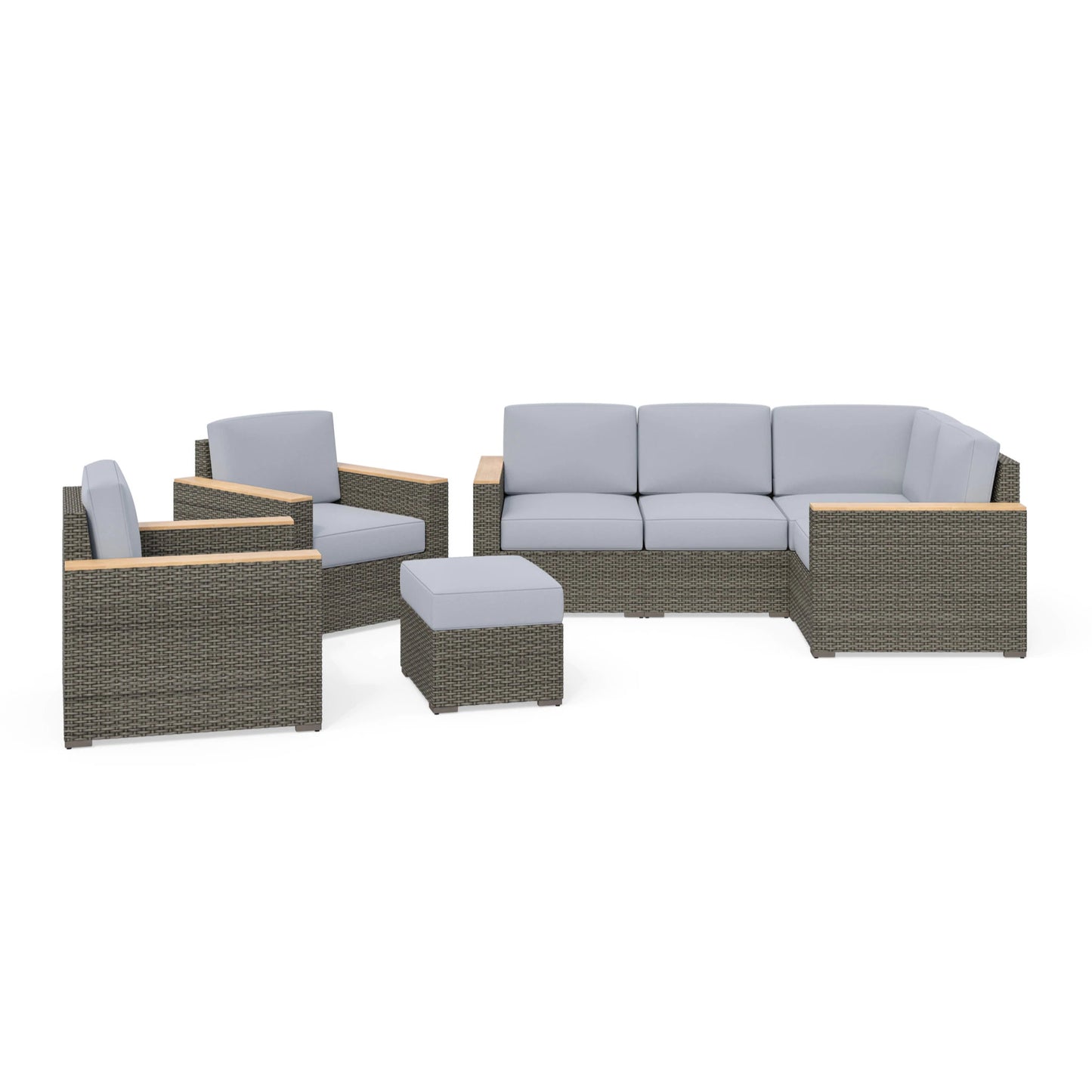 Boca Raton Brown Outdoor 4 Seat Sectional, Arm Chair Pair and Ottoman - Gray Cushion