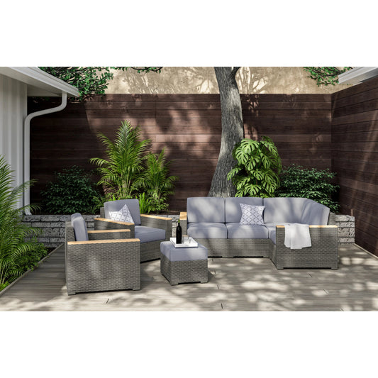 Boca Raton Brown Outdoor 4 Seat Sectional, Arm Chair Pair and Ottoman - Gray Cushion