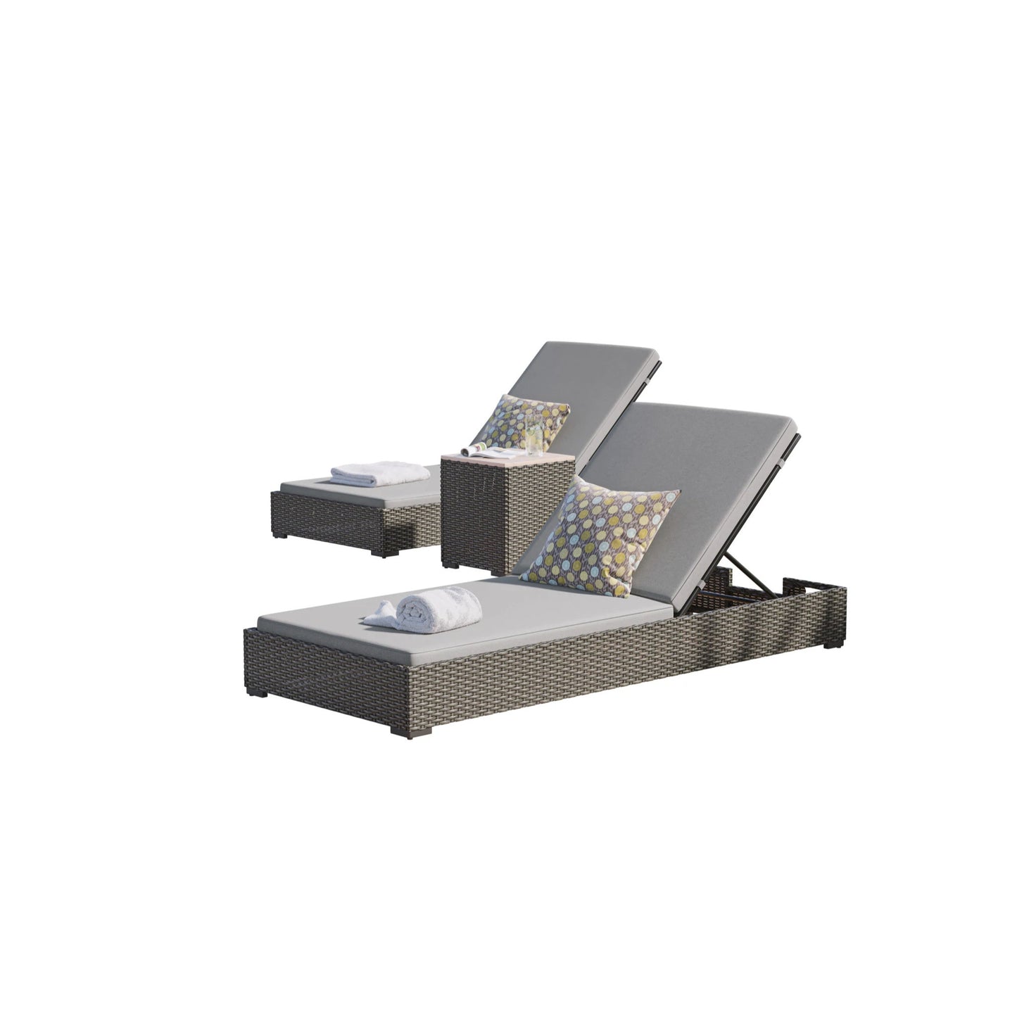 Boca Raton Brown Outdoor Chaise Lounge Pair and Side Table - Gray Cushion