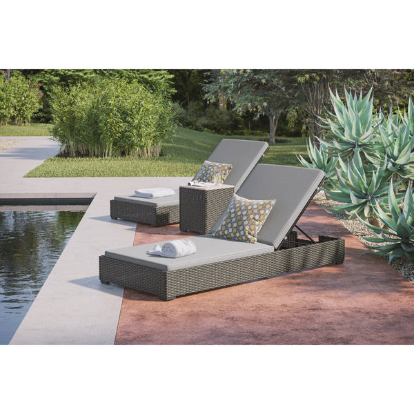 Boca Raton Brown Outdoor Chaise Lounge Pair and Side Table - Gray Cushion