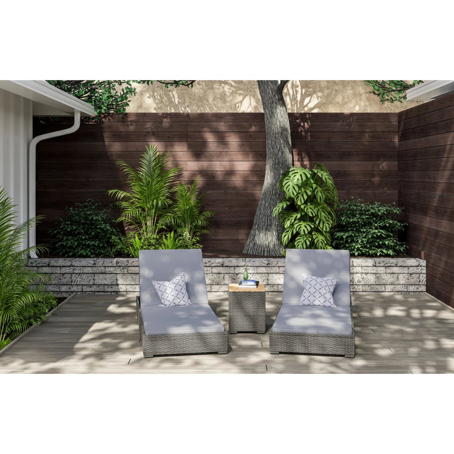 Boca Raton Brown Outdoor Chaise Lounge Pair and Side Table - Gray Cushion