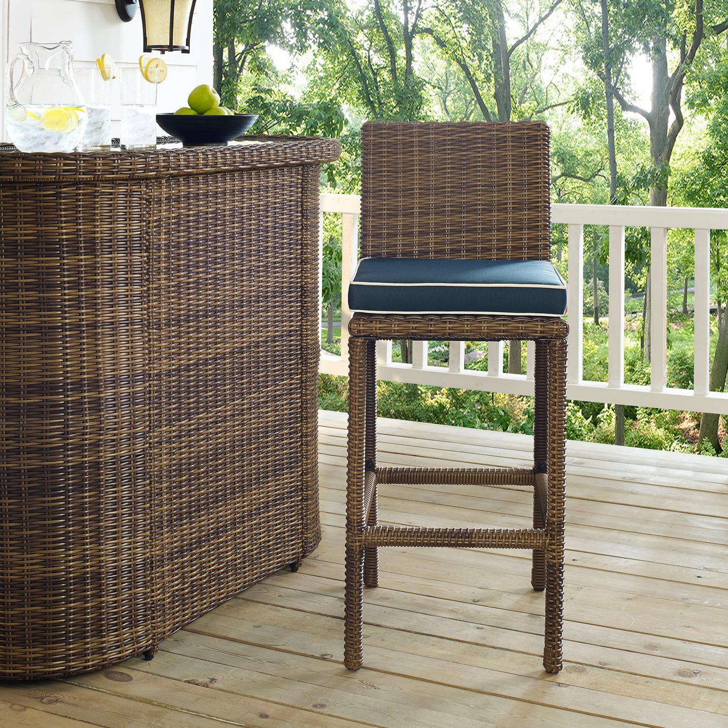 Bradenton 2Pc Outdoor Wicker Bar Height Bar Stool Set Navy/Weathered Brown - 2 Stools