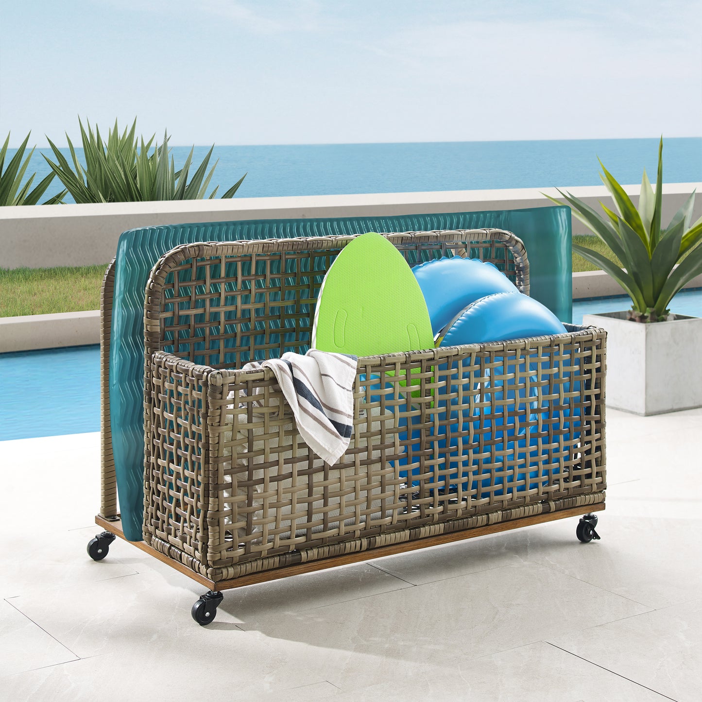 Ridley Outdoor Wicker And Metal Pool Storage Caddy Distressed Gray/Brown