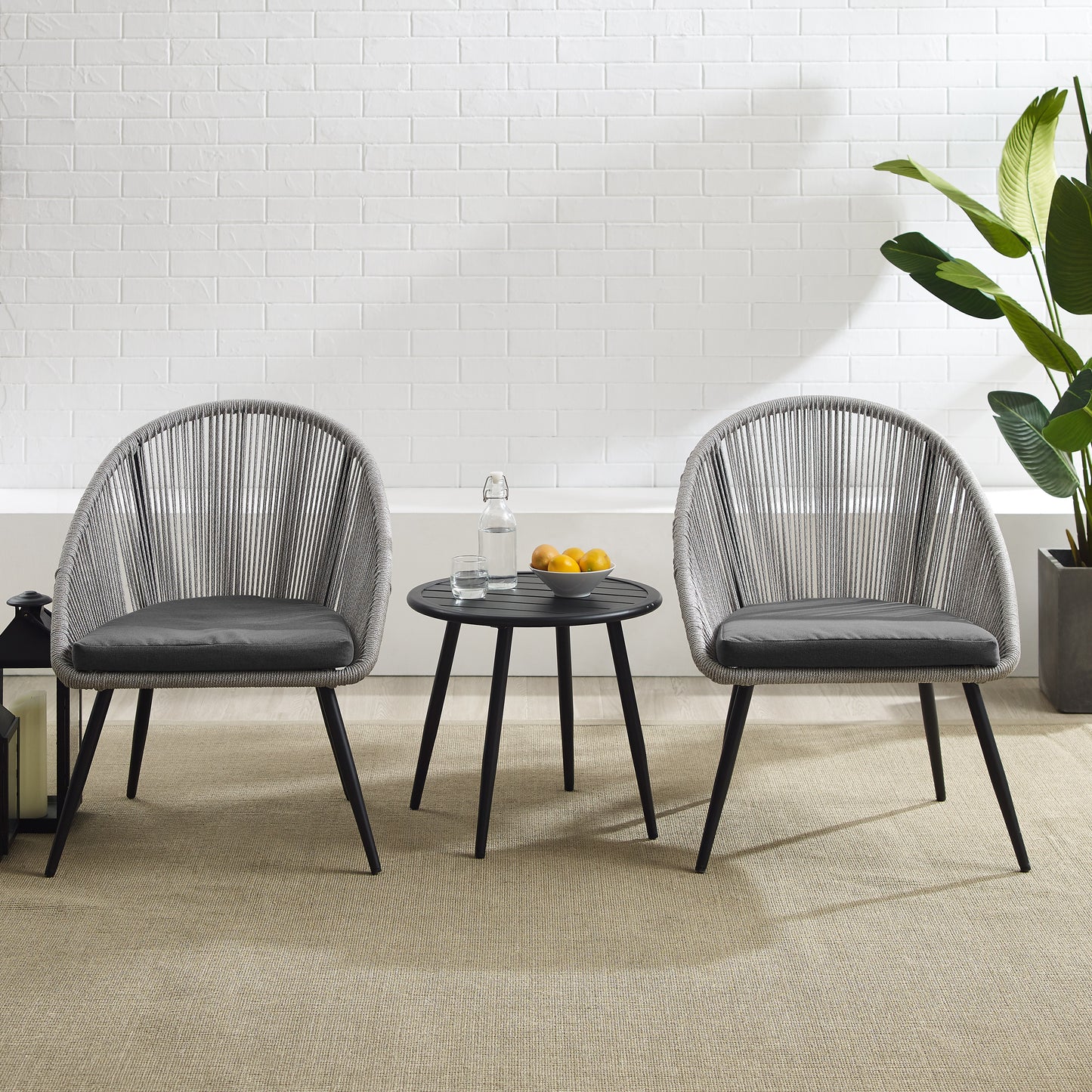 Aspen 3Pc Outdoor Rope Chair Set Gray/Matte Black - Side Table & 2 Chairs