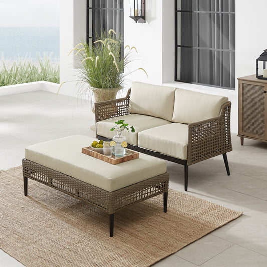 Southwick 2Pc Outdoor Wicker Conversation Set Creme/Light Brown - Loveseat & Coffee Table Ottoman