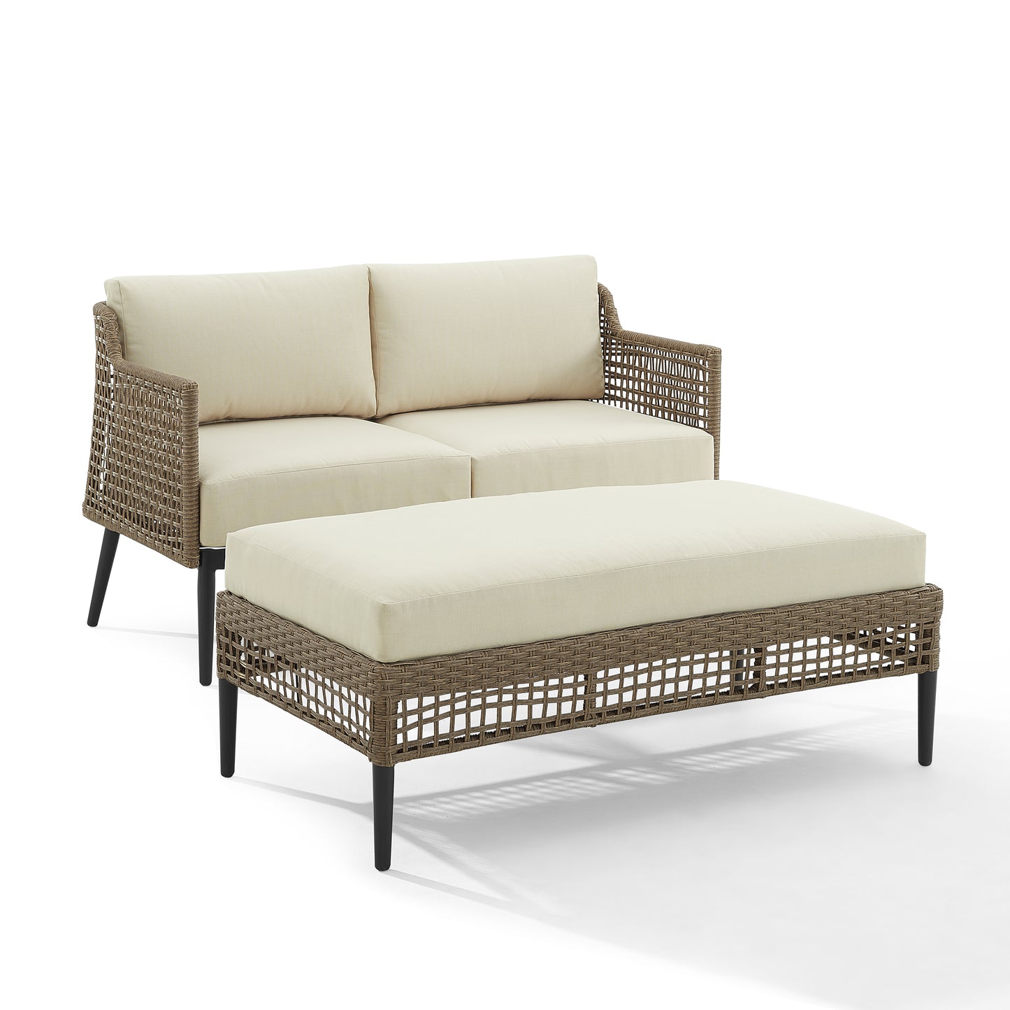 Southwick 2Pc Outdoor Wicker Conversation Set Creme/Light Brown - Loveseat & Coffee Table Ottoman