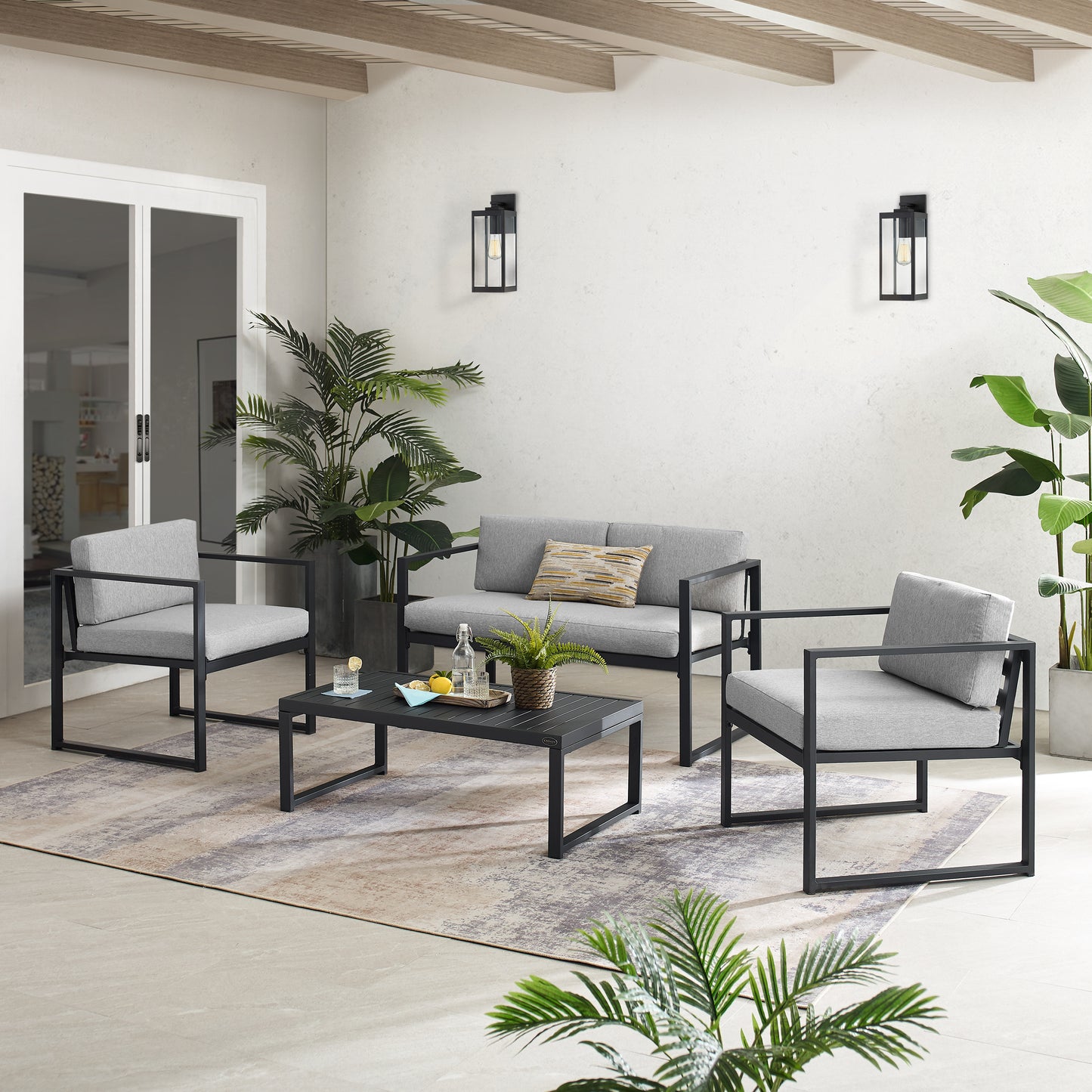 Hamilton 4Pc Outdoor Metal Conversation Set Gray/Matte Black - Loveseat, Coffee Table, & 2 Chairs