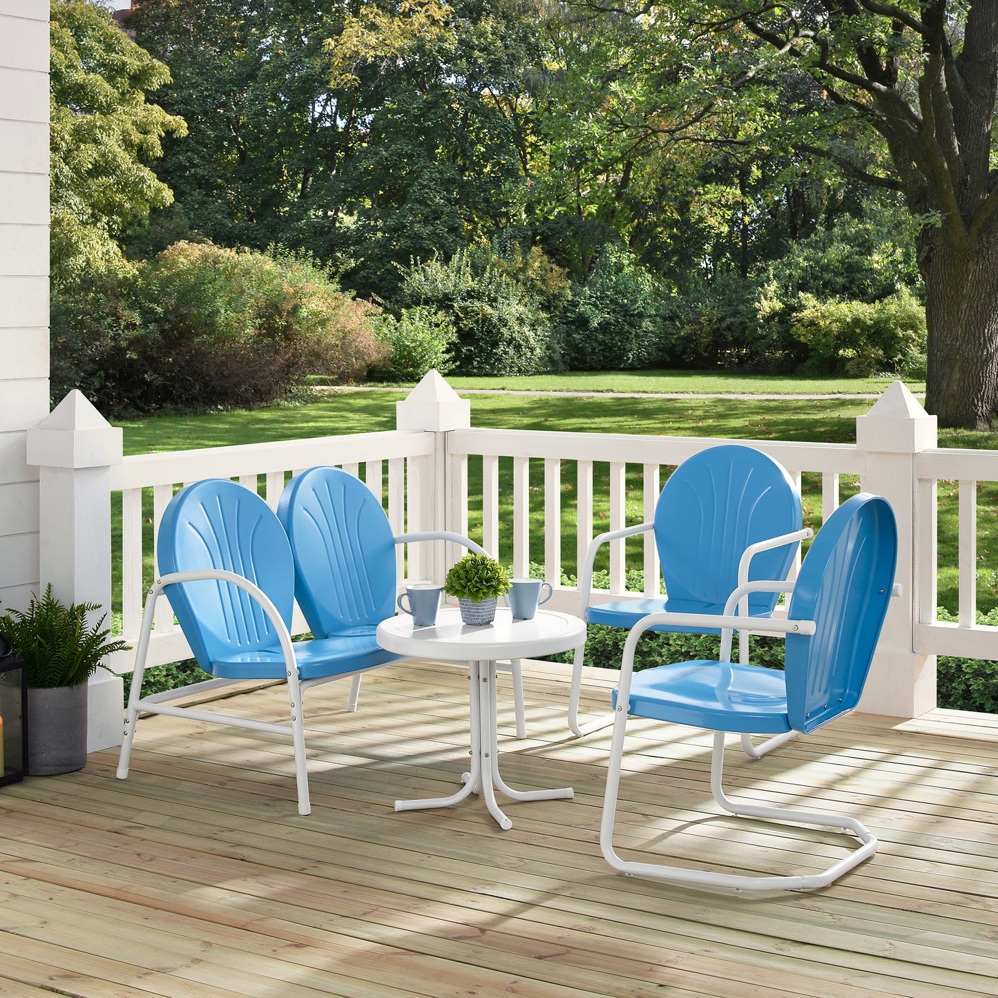 Griffith 4Pc Outdoor Metal Conversation Set Sky Blue Gloss/White Satin - Loveseat, Side Table, & 2 Chairs