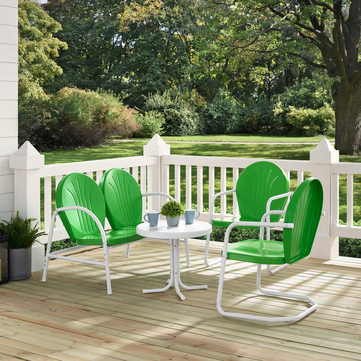 Griffith 4Pc Outdoor Metal Conversation Set Kelly Green Gloss/White Satin - Loveseat, Side Table, & 2 Chairs