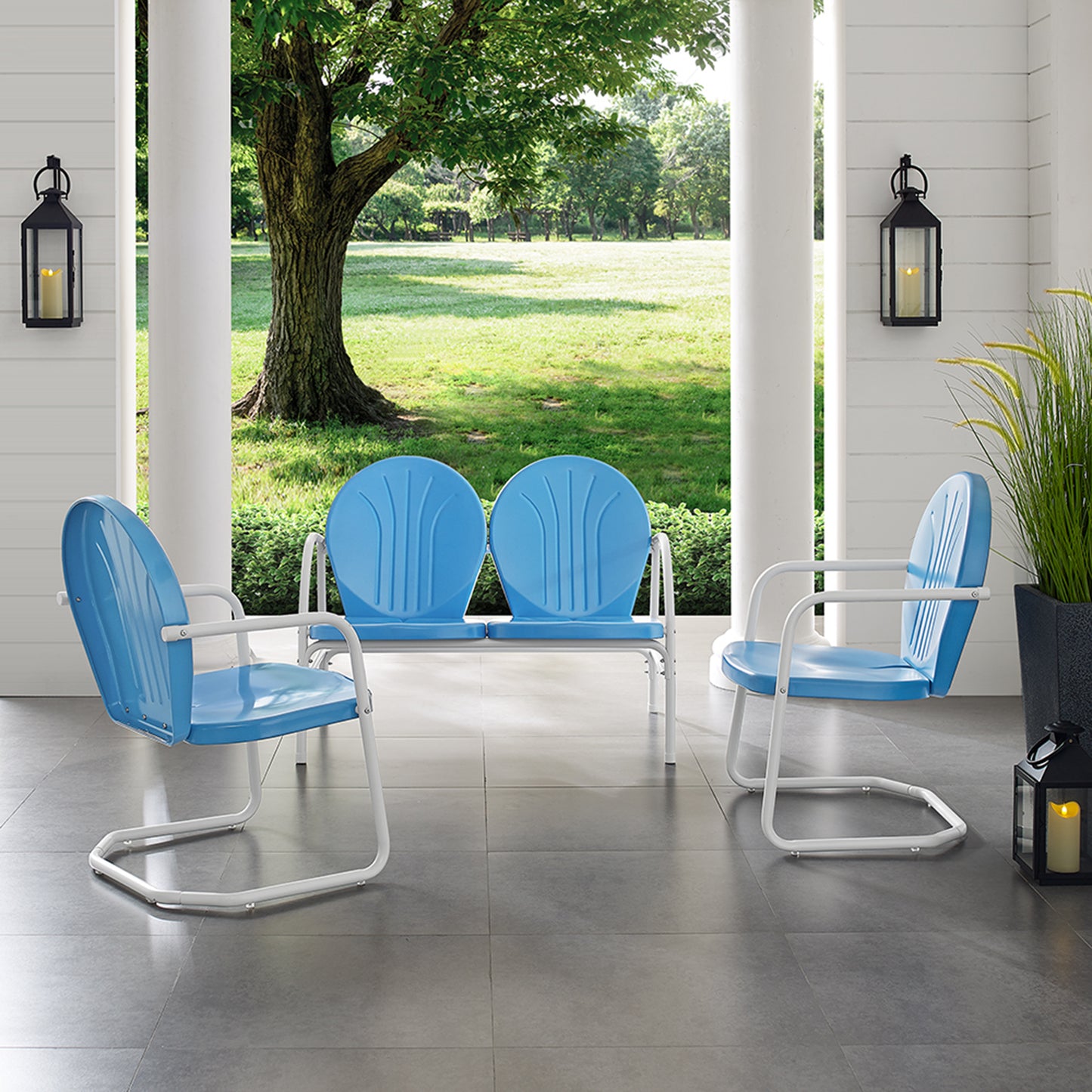 Griffith 3Pc Outdoor Metal Conversation Set Sky Blue Gloss/White Satin - Loveseat,  2 Chairs