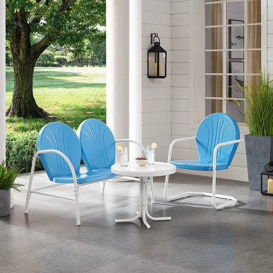 Griffith 3Pc Outdoor Metal Conversation Set Sky Blue Gloss/White Satin - Loveseat, Chair, & Side Table